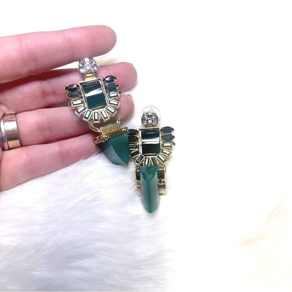 Elizabeth Cole Geometric Emerald Green Stone‎ Dangle Earrings Gold Tone